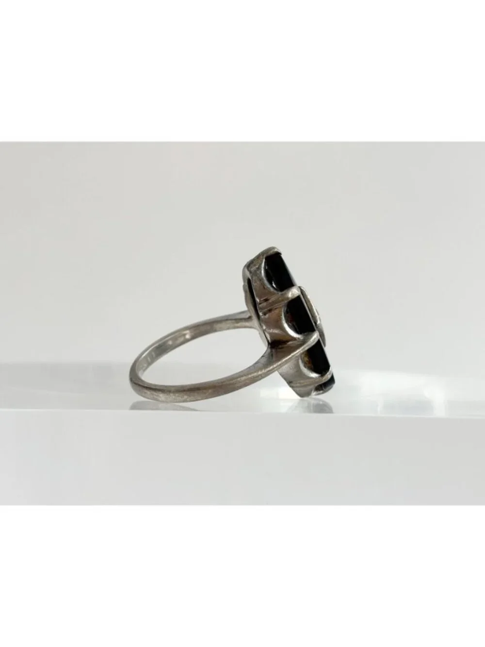 Art Deco Black Onyx Gemstone Oval Sterling Silver 925 Vintage Ring - sz 7